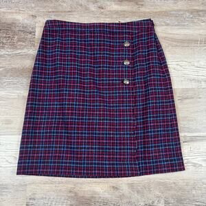NWT Talbots Plaid Wool Mini Skirt Burgundy Blue Button Front Preppy 6